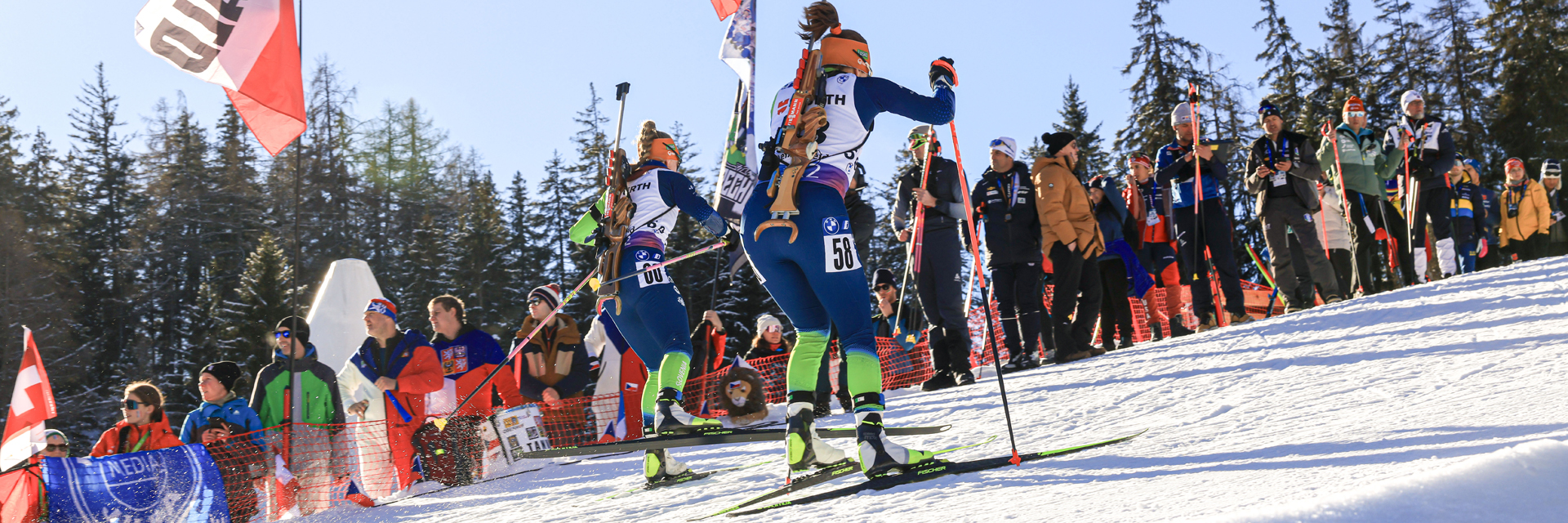 16.12.2023, Lenzerheide, Switzerland (SUI):
Polona Klemencic (SLO), Ziva Klemencic (SLO), (l-r) - IBU World Cup Biathlon, pursuit women, Lenzerheide (SUI). www.nordicfocus.com. © Manzoni/NordicFocus. Every downloaded picture is fee-liable.