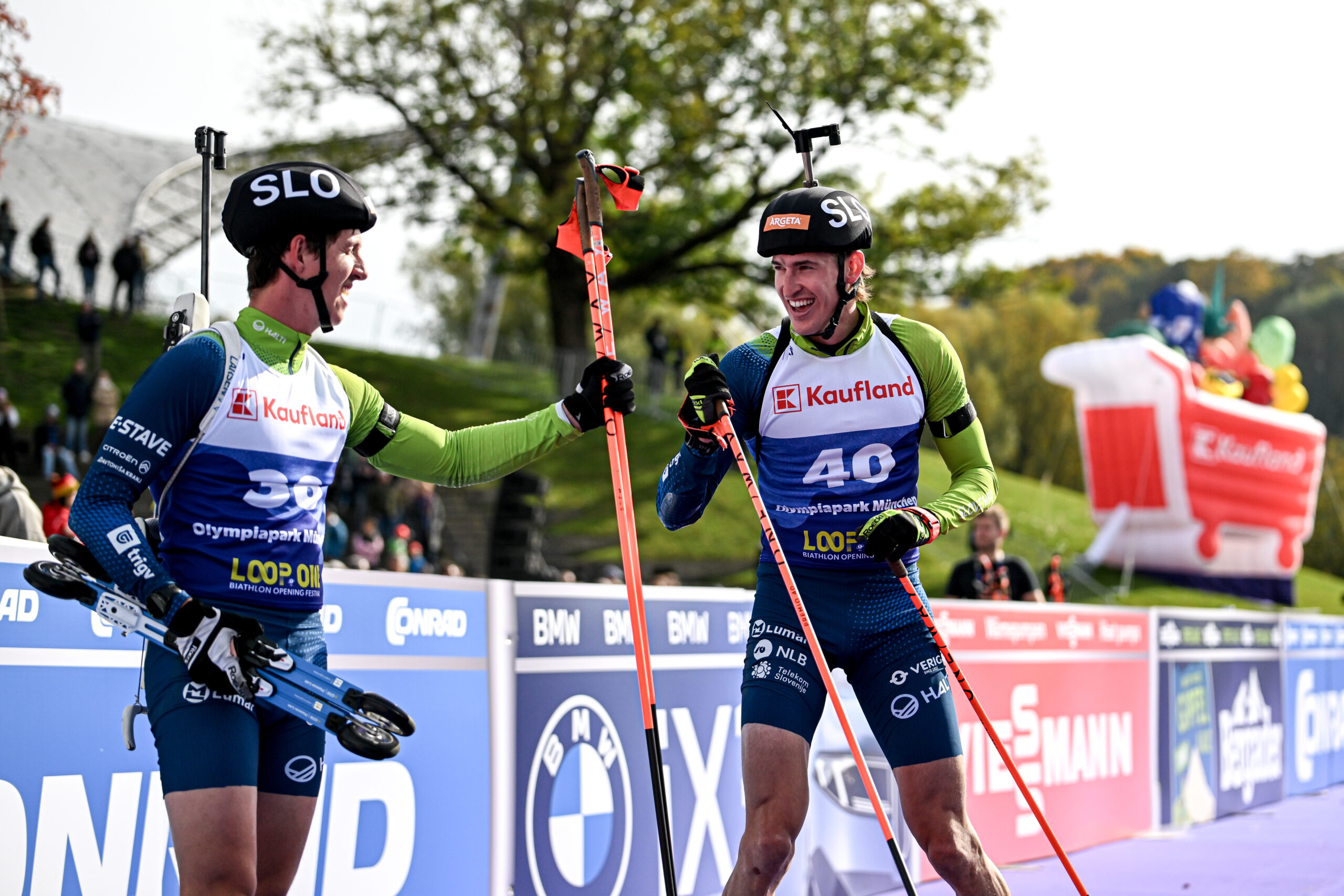 19.10.2025, Munich, Germany (GER):
Miha Dovzan (SLO), Lovro Planko (SLO), (l-r) - Loop One Biathlon Opening Festival - Munich (GER). www.nordicfocus.com. © Authamayou/NordicFocus. Every downloaded picture is fee-liable.